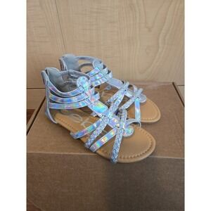 Bebe Girls Silver Iridescent Holographic Gladiator Sandals Strappy Back Zip Flat